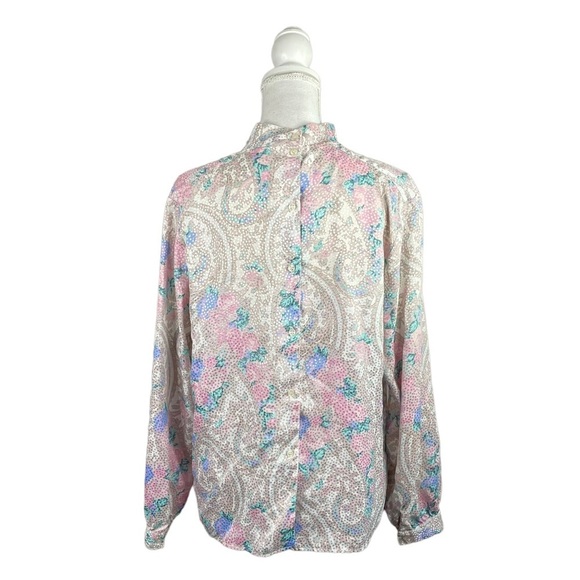 Vintage 80's Eva Laurel Pastel Floral Paisley Print Long Sleeve Mock Neck Blouse - Picture 4 of 10